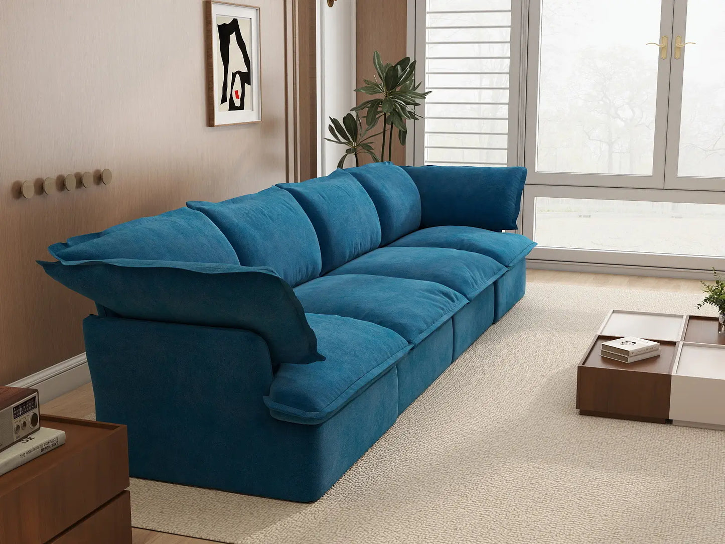 Sofá Seccional de Terciopelo Azul Nube de Lujo de 4 Plazas | 4 Piezas, Fundas Lavables