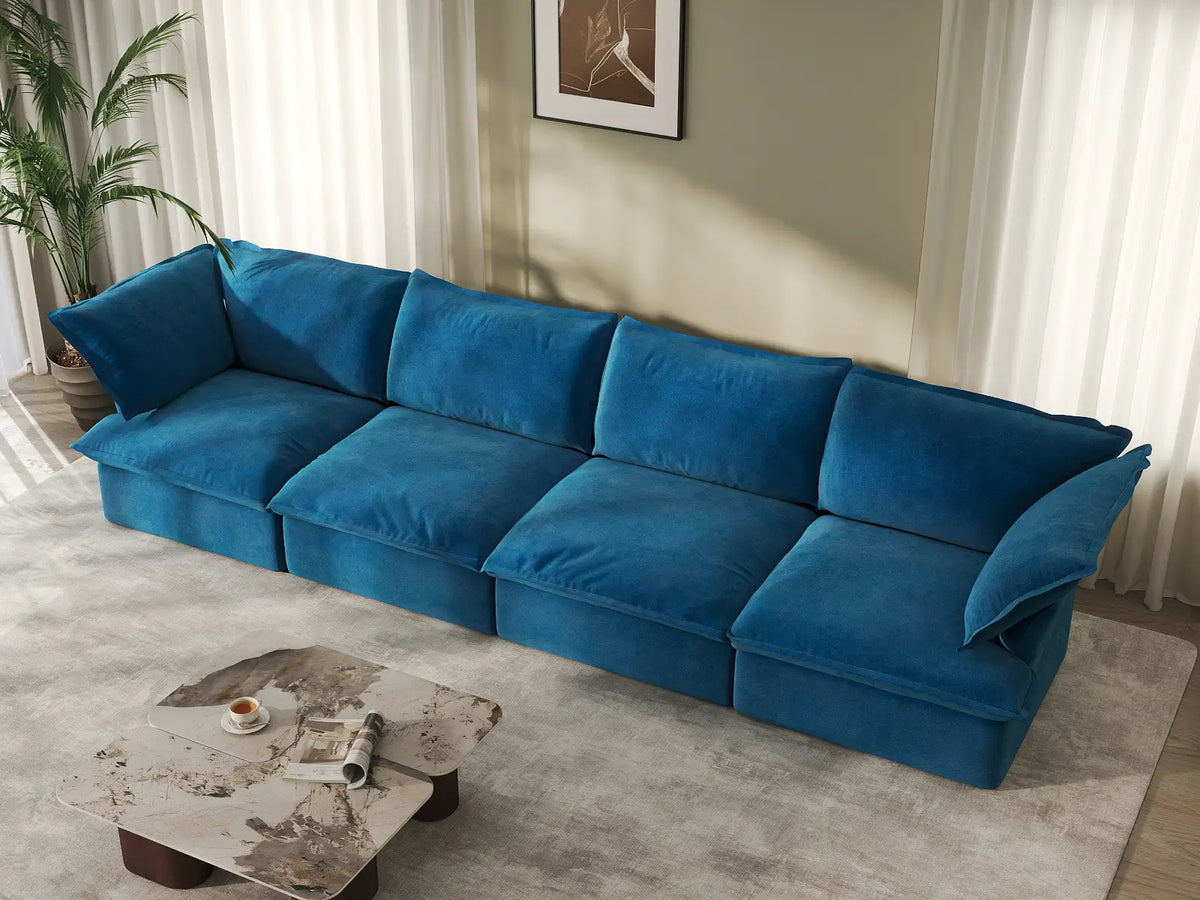 Sofá Seccional de Terciopelo Azul Nube de Lujo de 4 Plazas | 4 Piezas, Fundas Lavables