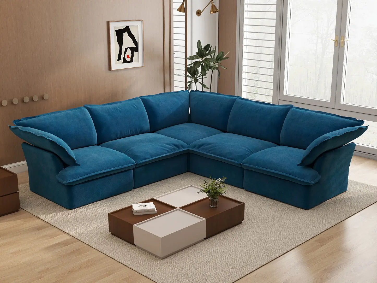 Deluxe Cloud Blue 5-Seater V-Shaped Washable Sectional | 5-Piece, Velvet Fabric, Large Space