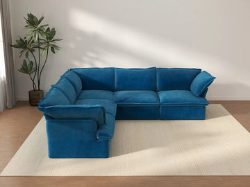 Seccional lavable en forma de V de 5 plazas Deluxe Cloud Blue | 5 piezas, tela de terciopelo, espacio amplio
