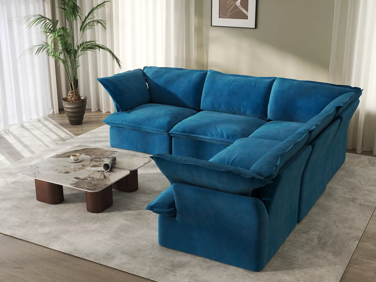 Seccional lavable en forma de V de 5 plazas Deluxe Cloud Blue | 5 piezas, tela de terciopelo, espacio amplio