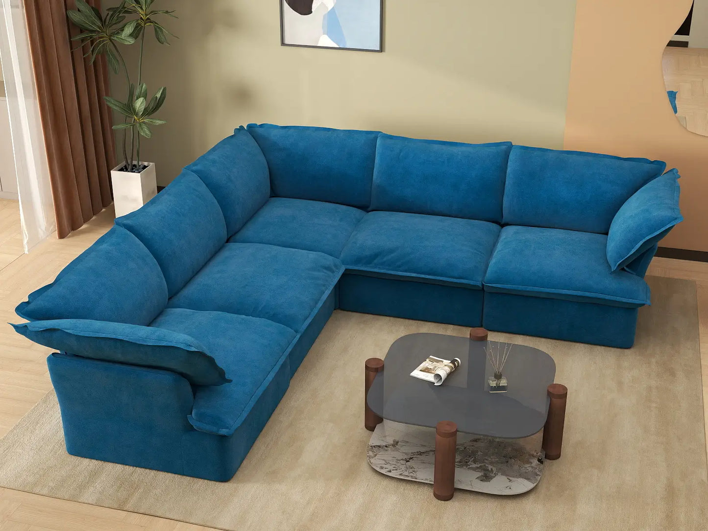 Deluxe Cloud Blue 5-Seater V-Shaped Washable Sectional | 5-Piece, Velvet Fabric, Large Space