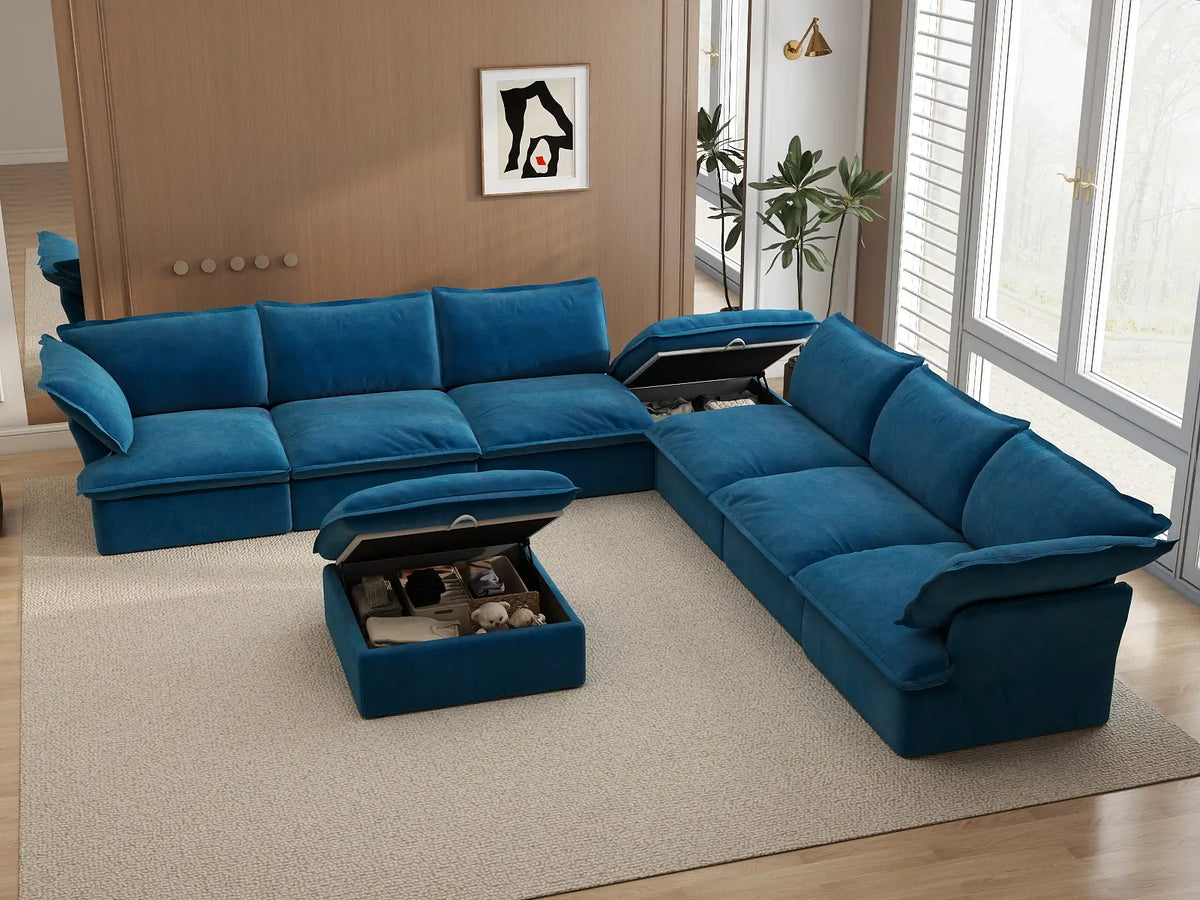 Deluxe Cloud Blue 6-Seater Sofa with Storage | 8-Piece (includes 2 ottomans), Velvet Fabric, Washable Covers