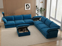 Deluxe Cloud Blue 6-Seater Sofa with Storage | 8-Piece (includes 2 ottomans), Velvet Fabric, Washable Covers