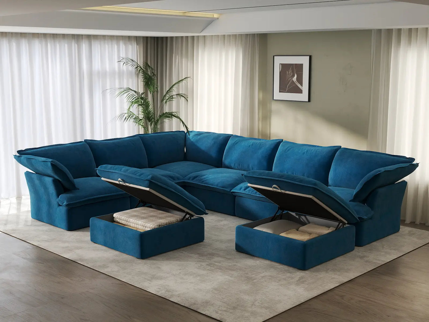 Deluxe Cloud Blue 6-Seater Sofa with Storage | 8-Piece (includes 2 ottomans), Velvet Fabric, Washable Covers