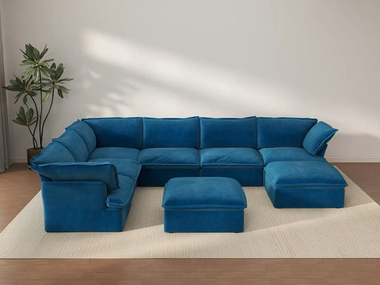 Deluxe Cloud Blue 6-Seater Sofa with Storage | 8-Piece (includes 2 ottomans), Velvet Fabric, Washable Covers