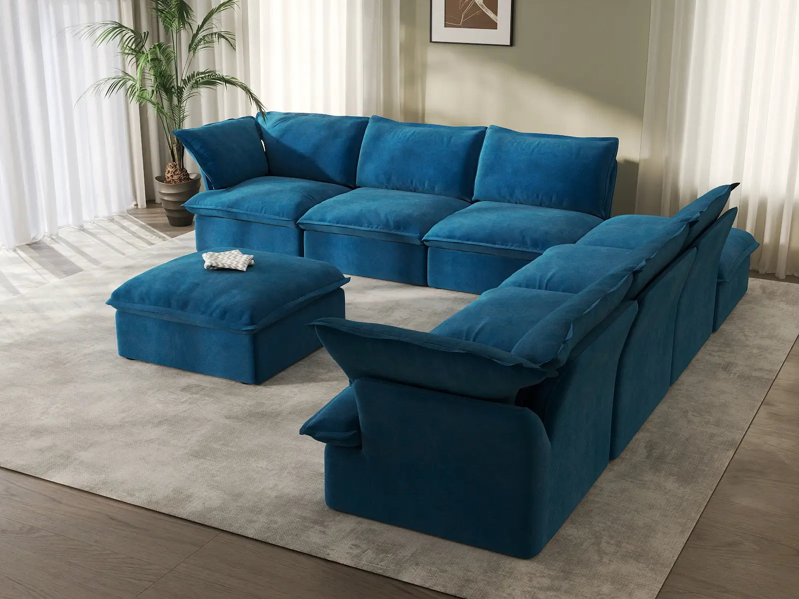Sofá de 6 plazas Deluxe Cloud Blue con almacenaje | 8 piezas (incluye 2 otomanas), tela de terciopelo, fundas lavables