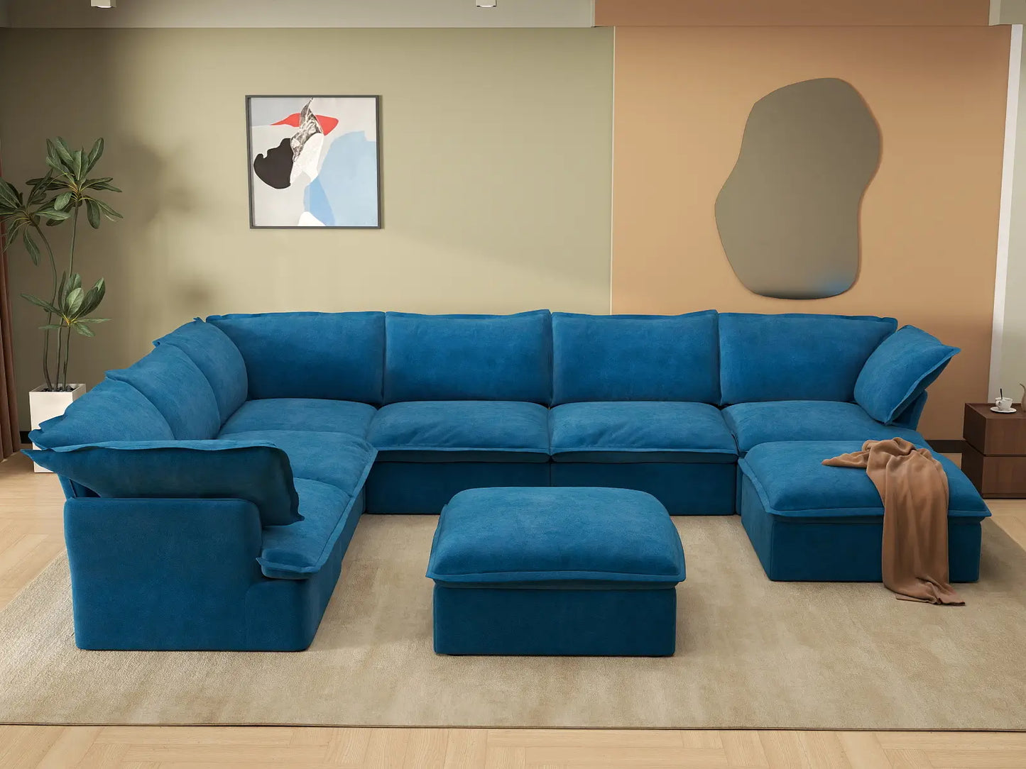 Deluxe Cloud Blue 6-Seater Sofa with Storage | 8-Piece (includes 2 ottomans), Velvet Fabric, Washable Covers