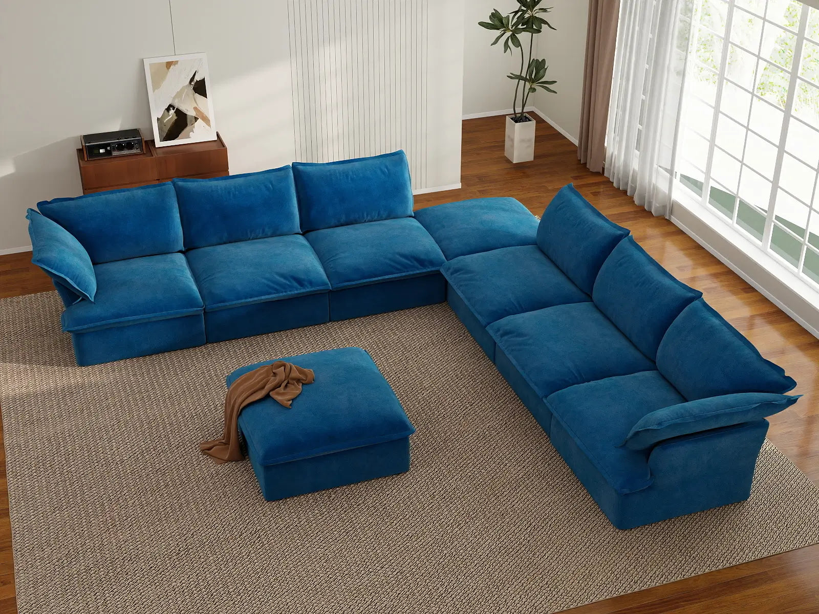 Sofá de 6 plazas Deluxe Cloud Blue con almacenaje | 8 piezas (incluye 2 otomanas), tela de terciopelo, fundas lavables