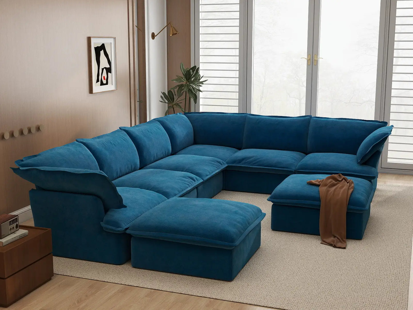 Deluxe Cloud Blue 6-Seater Sofa with Storage | 8-Piece (includes 2 ottomans), Velvet Fabric, Washable Covers