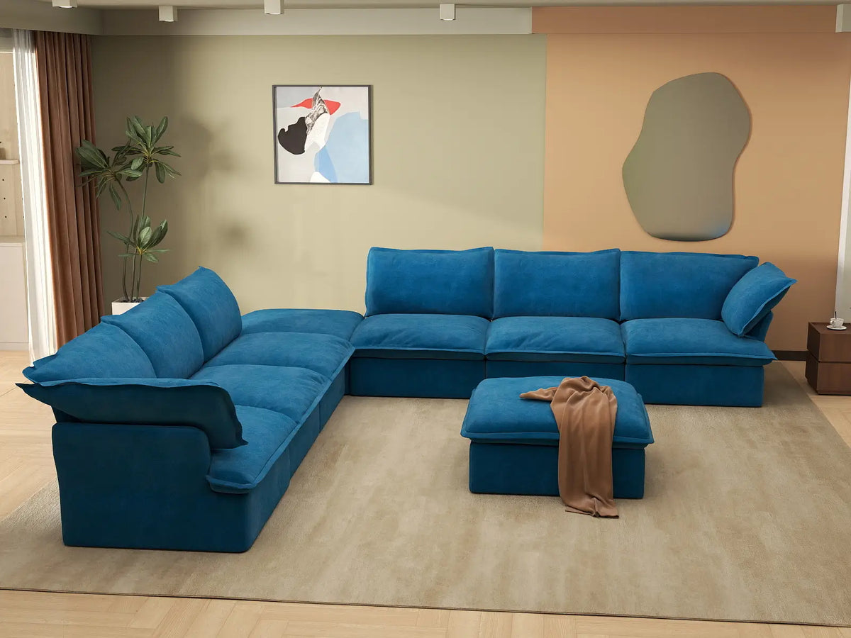 Deluxe Cloud Blue 6-Seater Sofa with Storage | 8-Piece (includes 2 ottomans), Velvet Fabric, Washable Covers