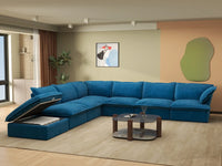 Deluxe Cloud Blue 6-Seater V-Shaped Sectional | 7-Piece (includes 1 ottoman), Velvet Fabric, Storage Ottoman