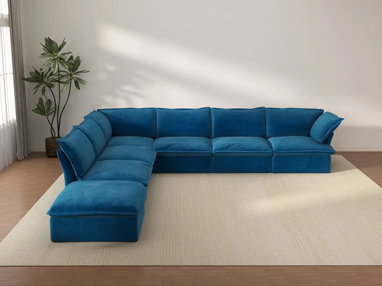 Deluxe Cloud Blue 6-Seater V-Shaped Sectional | 7-Piece (includes 1 ottoman), Velvet Fabric, Storage Ottoman