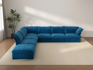 Sofá modular de lujo en forma de V de 6 plazas, color azul nube | 7 piezas (incluye 1 otomana), tela de terciopelo, otomana con almacenamiento