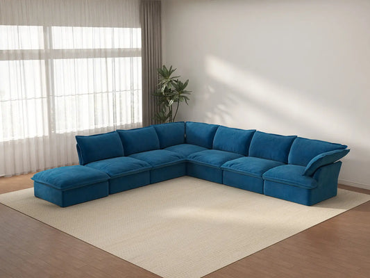 Deluxe Cloud Blue 6-Seater V-Shaped Sectional | 7-Piece (includes 1 ottoman), Velvet Fabric, Storage Ottoman