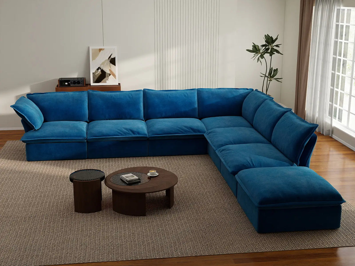 Deluxe Cloud Blue 6-Seater V-Shaped Sectional | 7-Piece (includes 1 ottoman), Velvet Fabric, Storage Ottoman