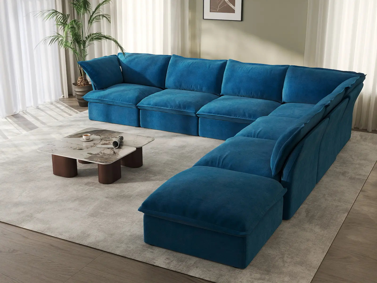 Sofá modular de lujo en forma de V de 6 plazas, color azul nube | 7 piezas (incluye 1 otomana), tela de terciopelo, otomana con almacenamiento