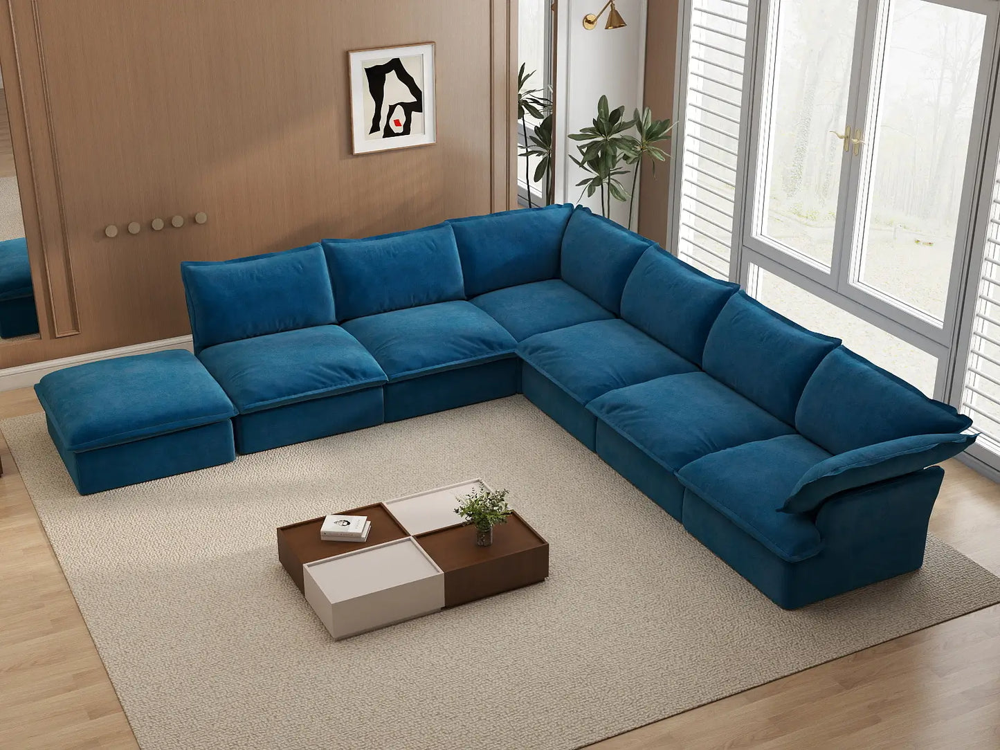 Deluxe Cloud Blue 6-Seater V-Shaped Sectional | 7-Piece (includes 1 ottoman), Velvet Fabric, Storage Ottoman