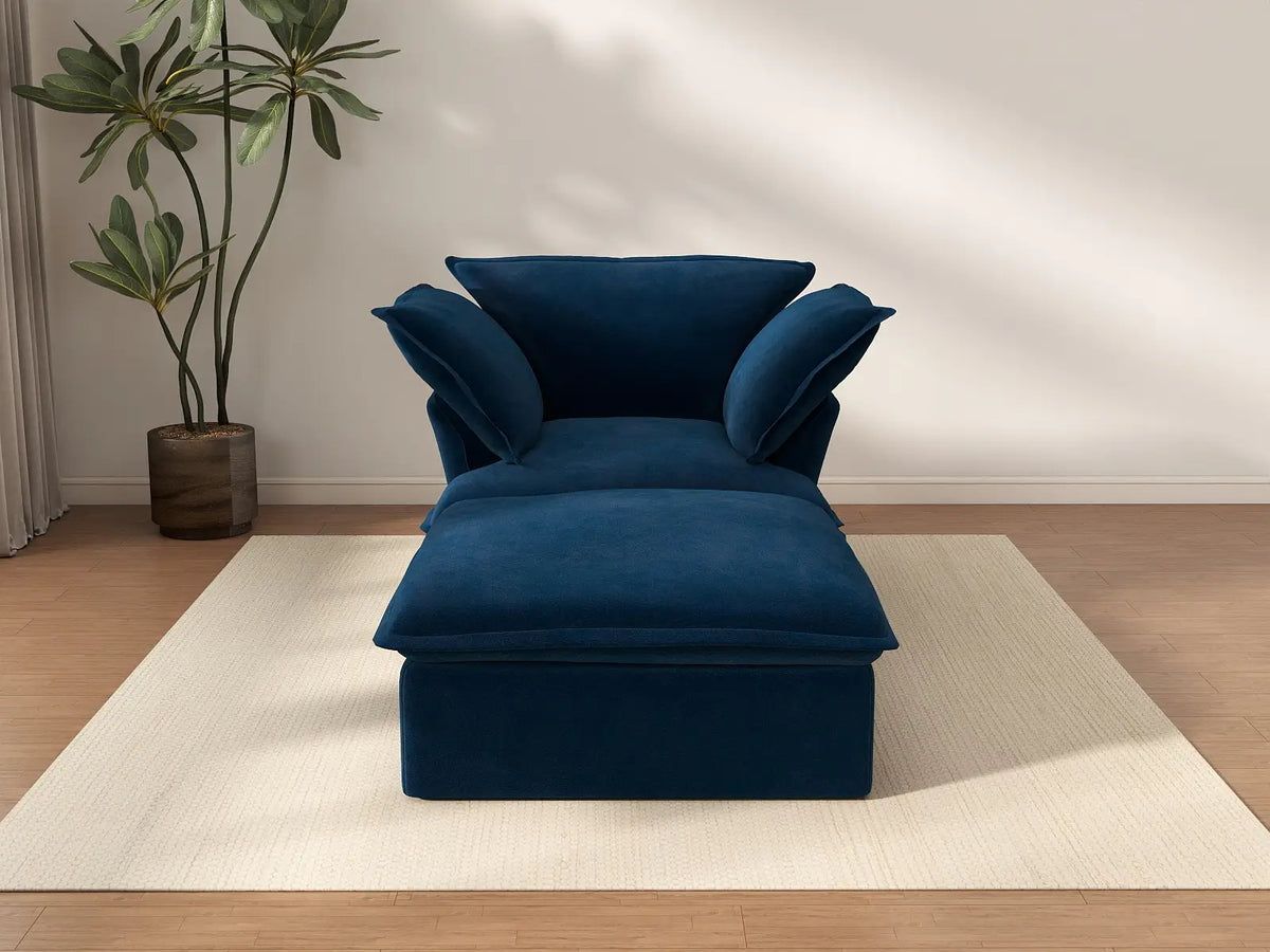 Deluxe Cloud Dark Blue 1-Seater Modular Sofa | 2-Piece (includes 1 ottoman), Velvet Fabric, Storage Ottoman