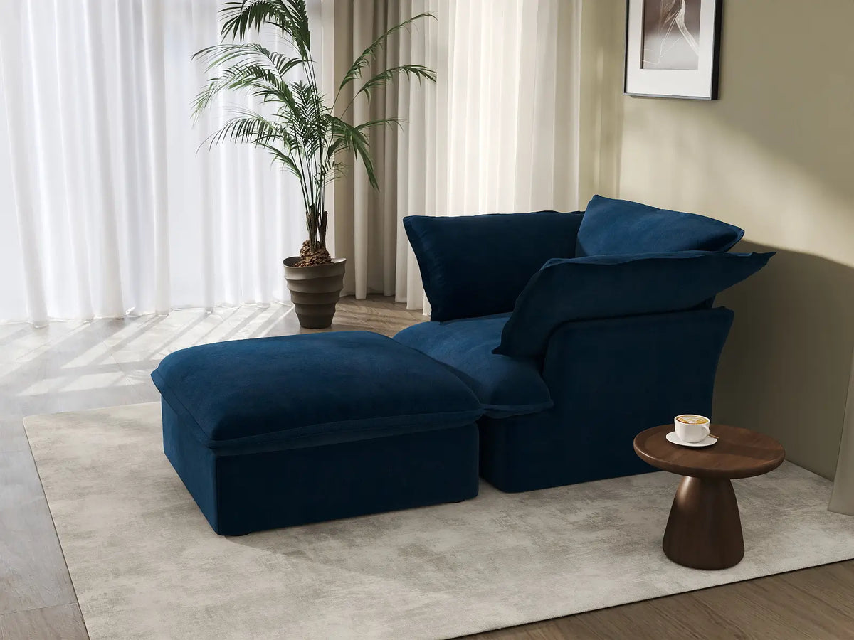 Deluxe Cloud Dark Blue 1-Seater Modular Sofa | 2-Piece (includes 1 ottoman), Velvet Fabric, Storage Ottoman