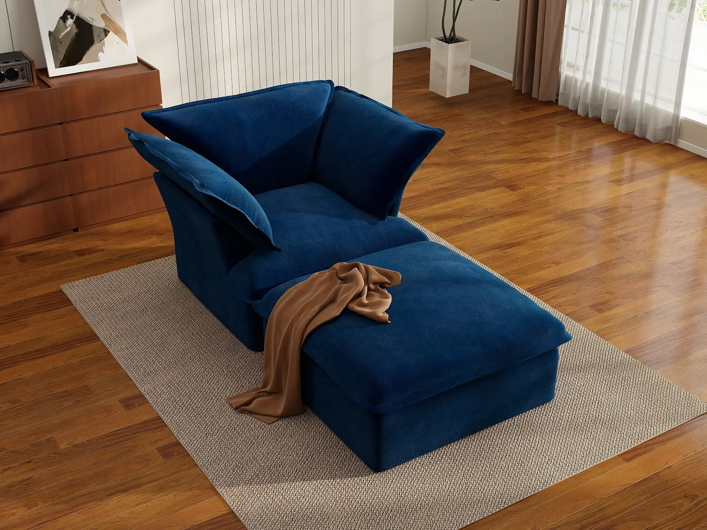 Deluxe Cloud Dark Blue 1-Seater Modular Sofa | 2-Piece (includes 1 ottoman), Velvet Fabric, Storage Ottoman