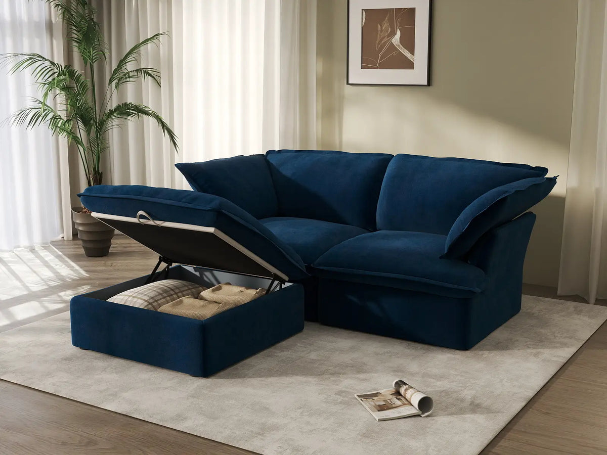 Deluxe Cloud Dark Blue 2-Seater Chaise Sectional | 3-Piece (includes 1 ottoman), Velvet Fabric, Storage Ottoman