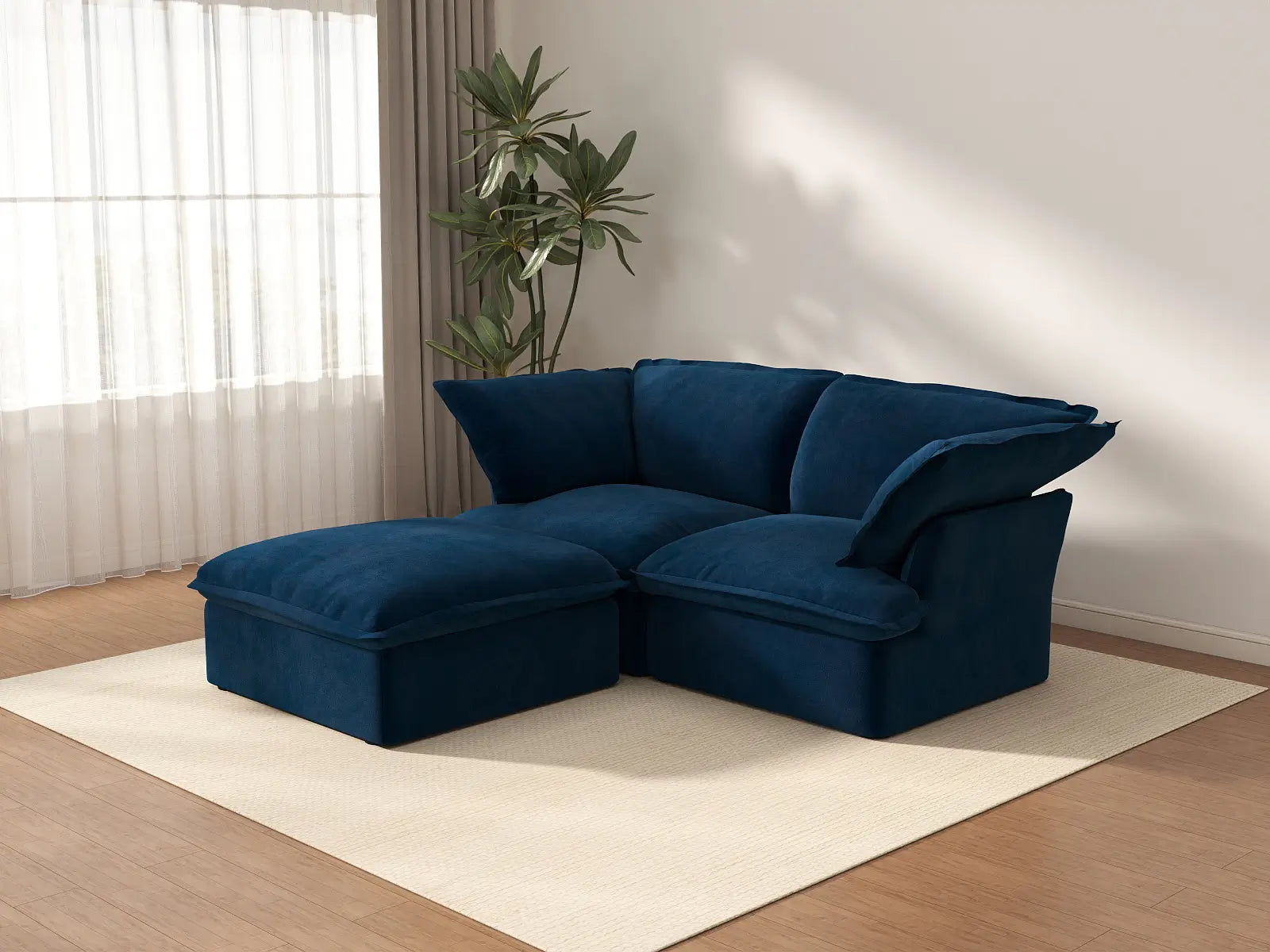 Seccional chaise Deluxe Cloud Azul Oscuro de 2 plazas | 3 piezas (incluye 1 otomana), tela de terciopelo, otomana con almacenaje