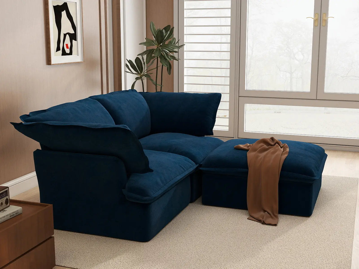 Deluxe Cloud Dark Blue 2-Seater Chaise Sectional | 3-Piece (includes 1 ottoman), Velvet Fabric, Storage Ottoman