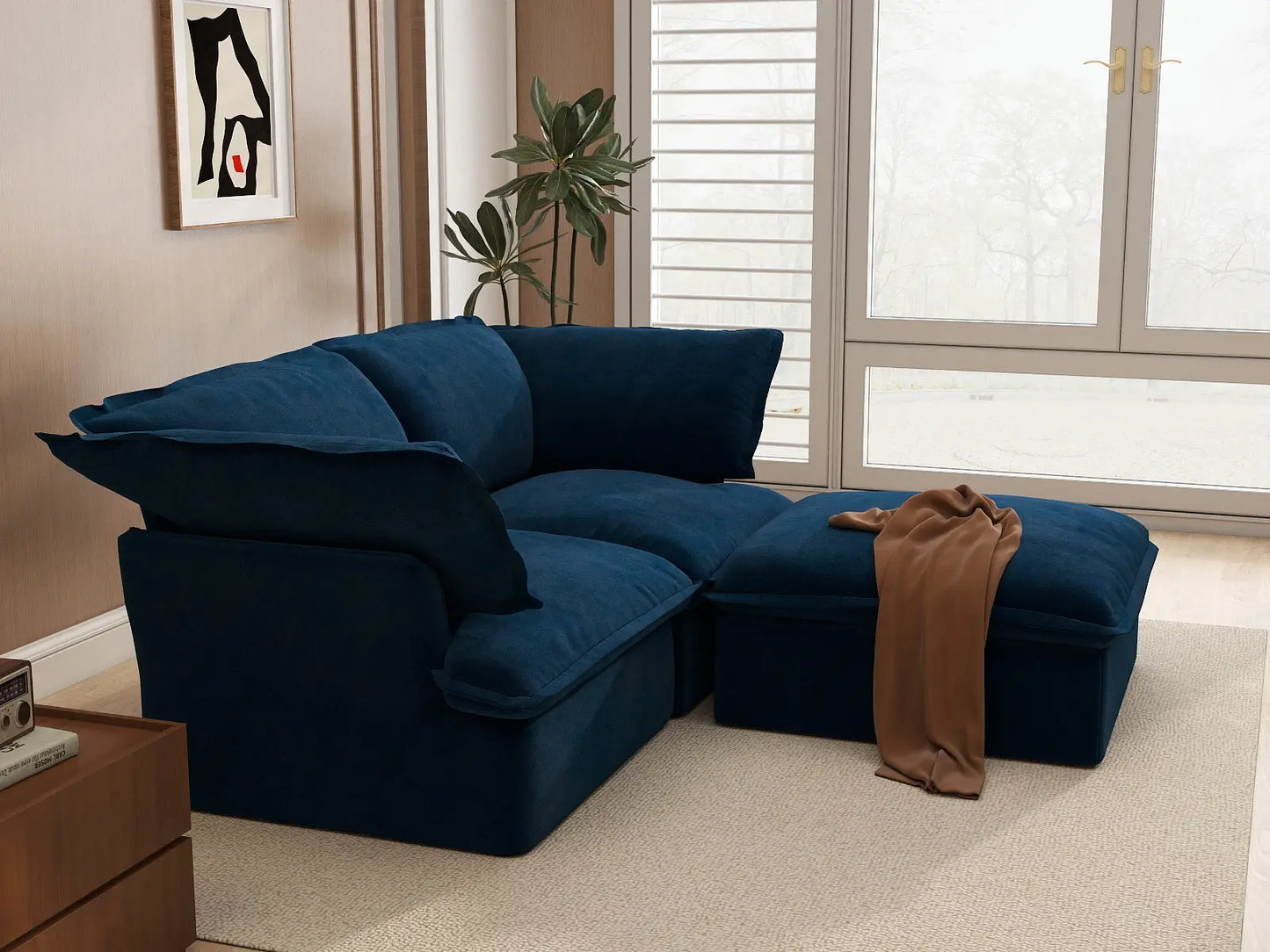 Deluxe Cloud Dark Blue 2-Seater Chaise Sectional | 3-Piece (includes 1 ottoman), Velvet Fabric, Storage Ottoman