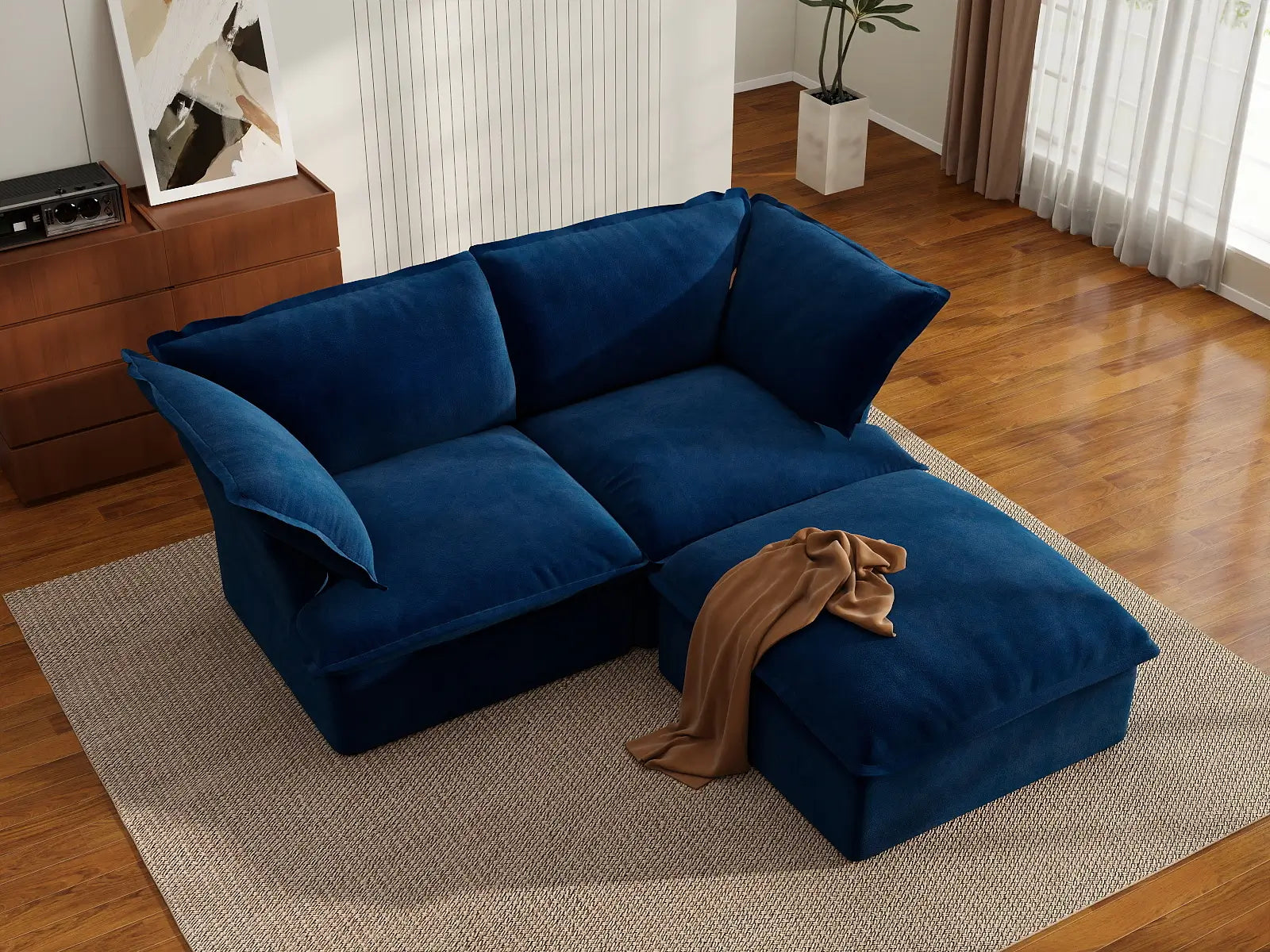 Seccional chaise Deluxe Cloud Azul Oscuro de 2 plazas | 3 piezas (incluye 1 otomana), tela de terciopelo, otomana con almacenaje