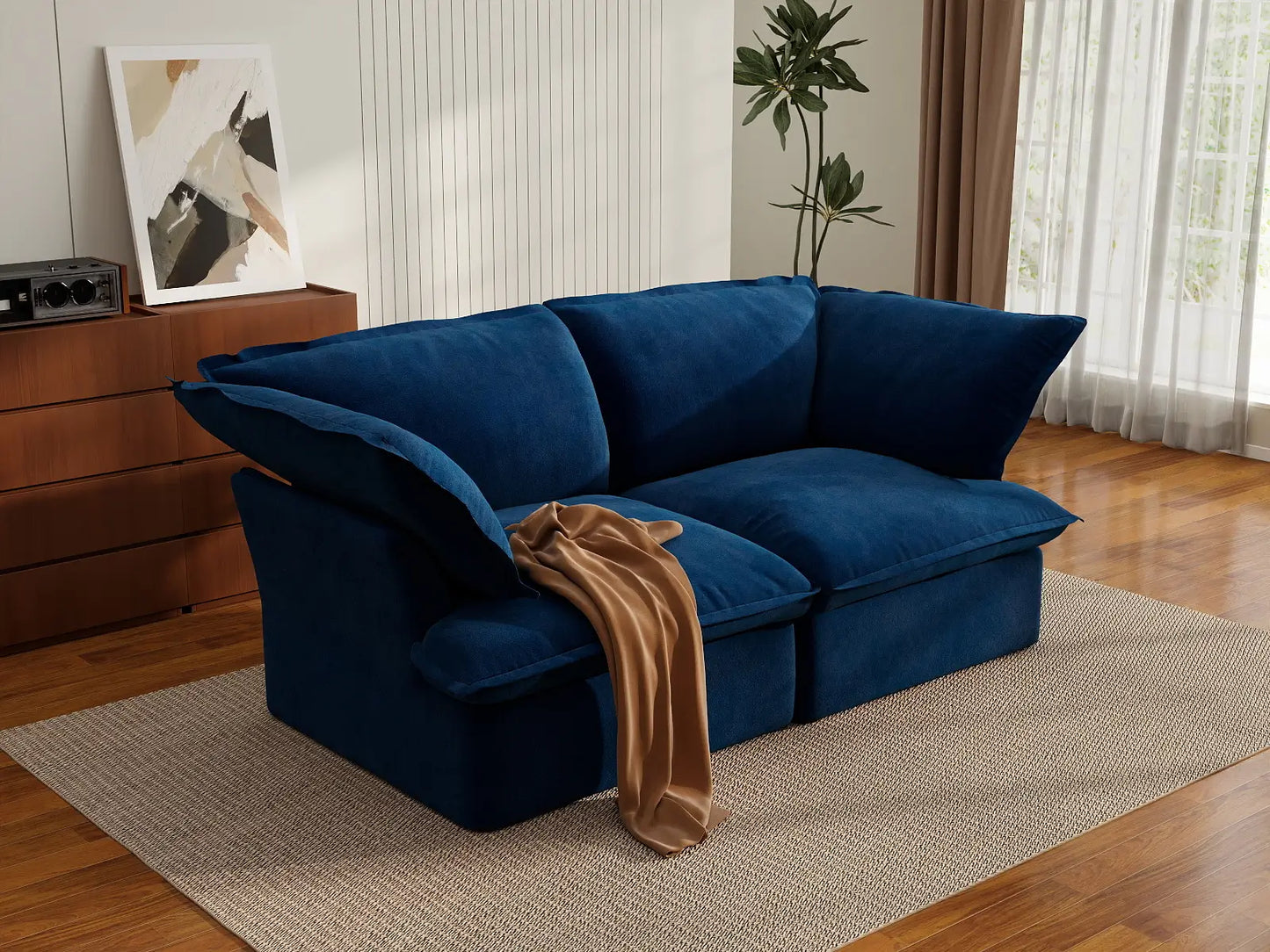 Sofá de dos plazas de lujo Cloud azul oscuro para estudio | 2 piezas, tela de terciopelo, fundas lavables