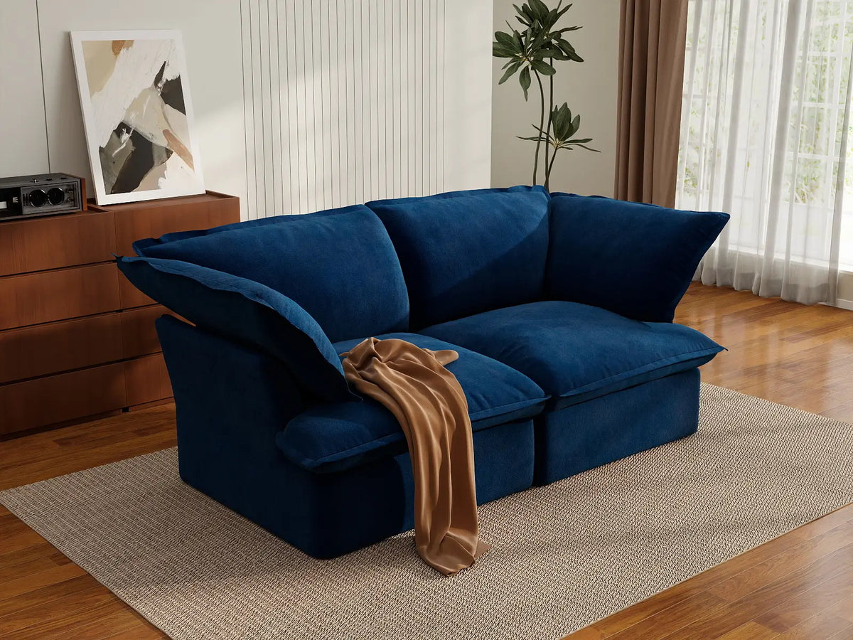 Deluxe Cloud Dark Blue 2-Seater Loveseats for Studio | 2-Piece, Velvet Fabric, Washable Covers