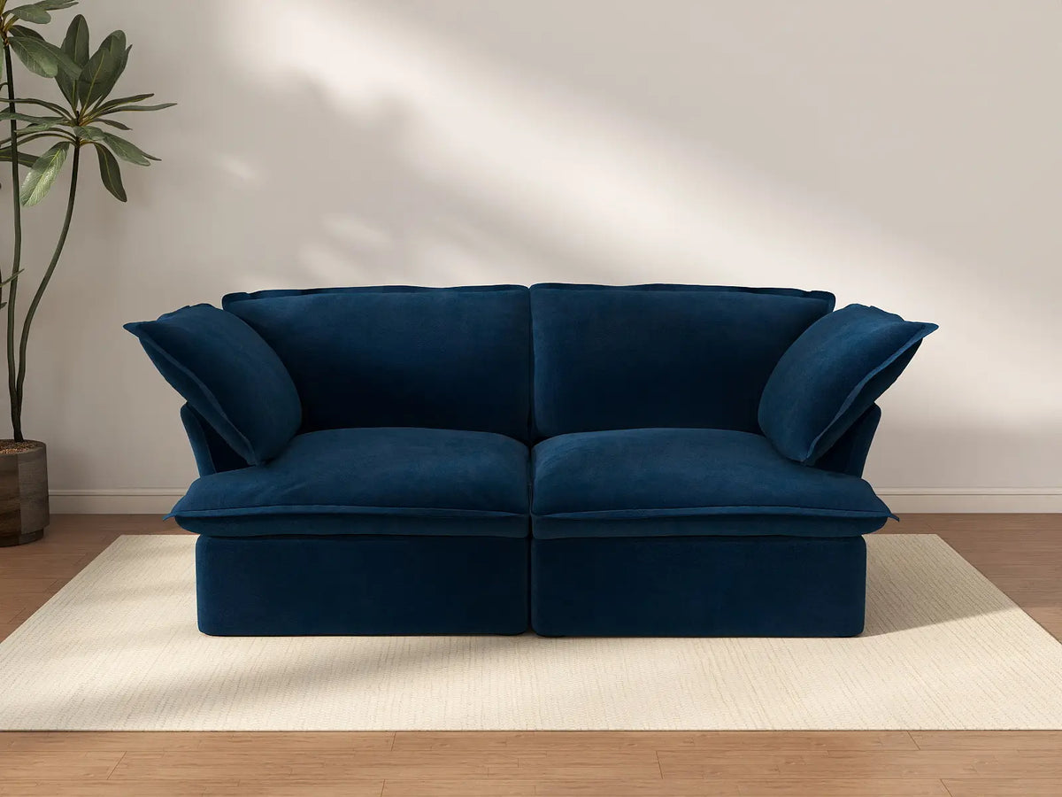 Deluxe Cloud Dark Blue 2-Seater Loveseats for Studio | 2-Piece, Velvet Fabric, Washable Covers