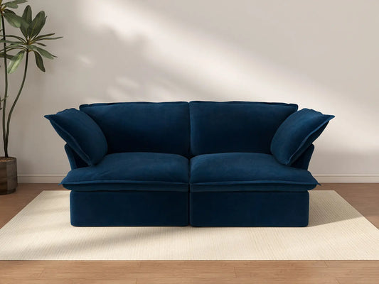 Sofá de dos plazas de lujo Cloud azul oscuro para estudio | 2 piezas, tela de terciopelo, fundas lavables