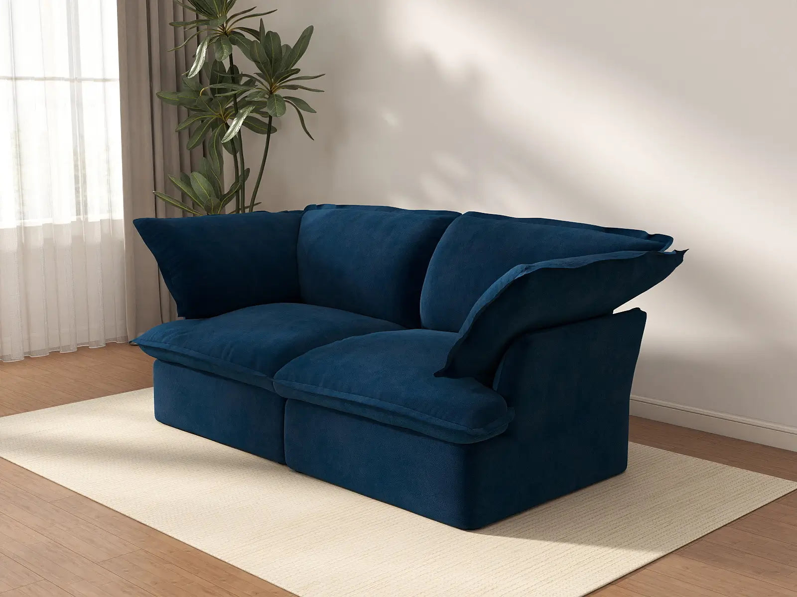 Deluxe Cloud Dark Blue 2-Seater Loveseats for Studio | 2-Piece, Velvet Fabric, Washable Covers