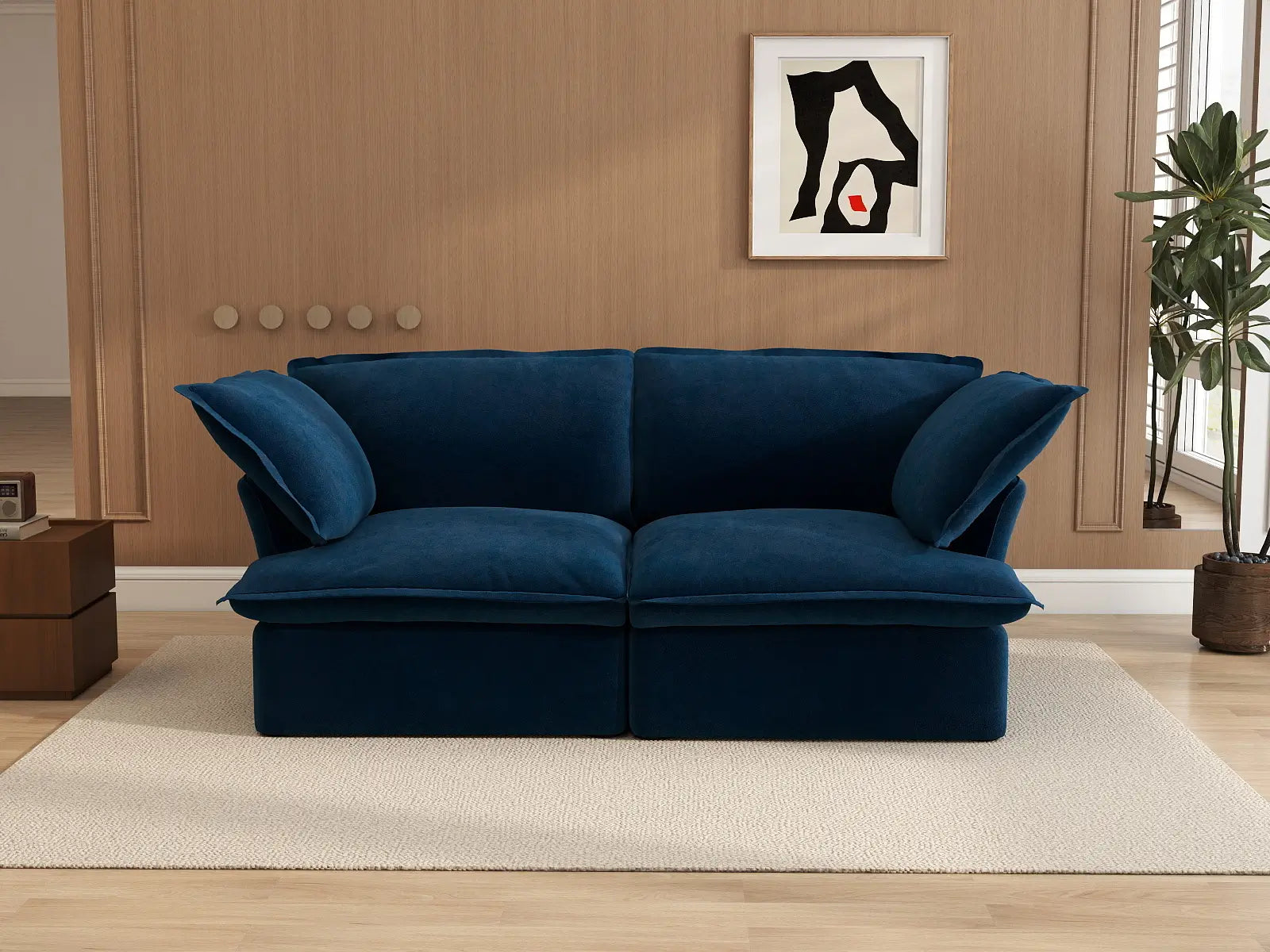 Deluxe Cloud Dark Blue 2-Seater Loveseats for Studio | 2-Piece, Velvet Fabric, Washable Covers