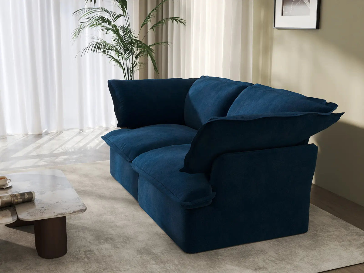 Deluxe Cloud Dark Blue 2-Seater Loveseats for Studio | 2-Piece, Velvet Fabric, Washable Covers