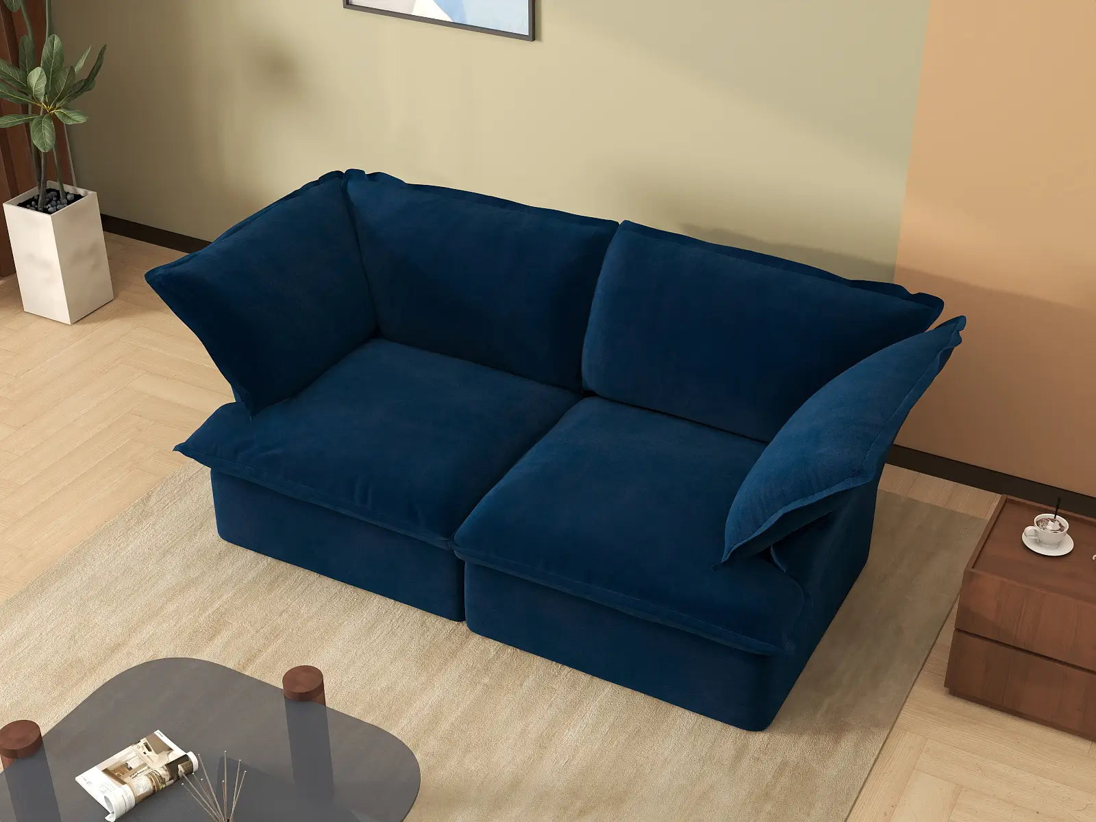 Deluxe Cloud Dark Blue 2-Seater Loveseats for Studio | 2-Piece, Velvet Fabric, Washable Covers