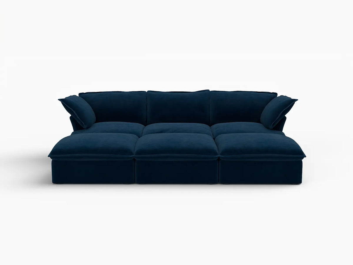 Deluxe Cloud Dark Blue 3-Seater Modular Pit Sectional | 6-Piece (includes 3 ottomans), Velvet Fabric, Storage Ottoman