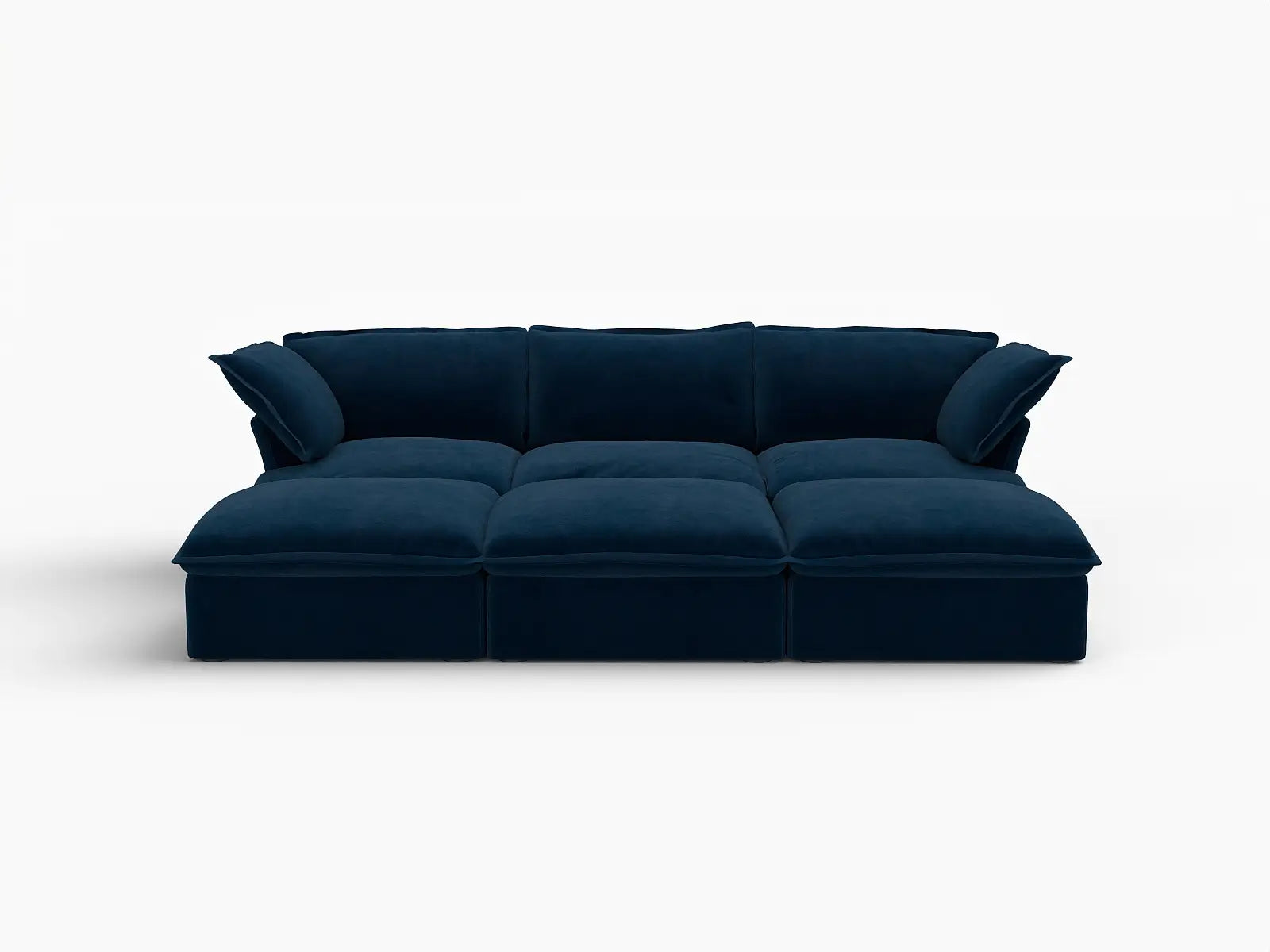 Seccional modular Deluxe Cloud de 3 plazas azul oscuro con pozo | 6 piezas (incluye 3 pufs), tela de terciopelo, puf de almacenamiento