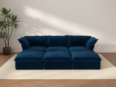 Deluxe Cloud Dark Blue 3-Seater Modular Pit Sectional | 6-Piece (includes 3 ottomans), Velvet Fabric, Storage Ottoman