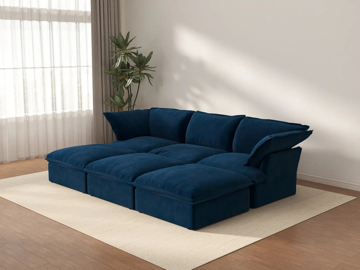 Deluxe Cloud Dark Blue 3-Seater Modular Pit Sectional | 6-Piece (includes 3 ottomans), Velvet Fabric, Storage Ottoman