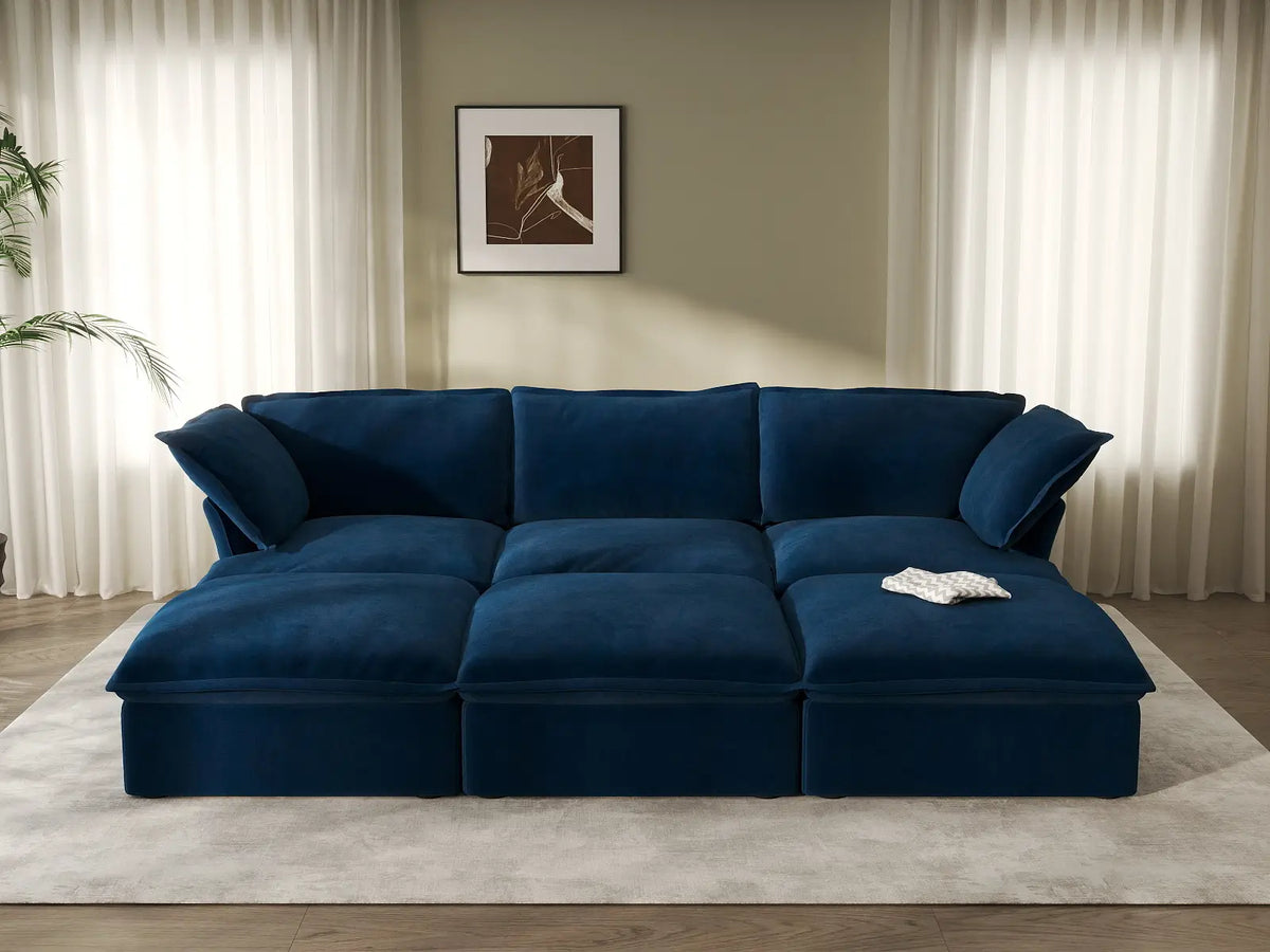 Deluxe Cloud Dark Blue 3-Seater Modular Pit Sectional | 6-Piece (includes 3 ottomans), Velvet Fabric, Storage Ottoman