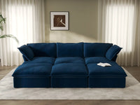 Deluxe Cloud Dark Blue 3-Seater Modular Pit Sectional | 6-Piece (includes 3 ottomans), Velvet Fabric, Storage Ottoman