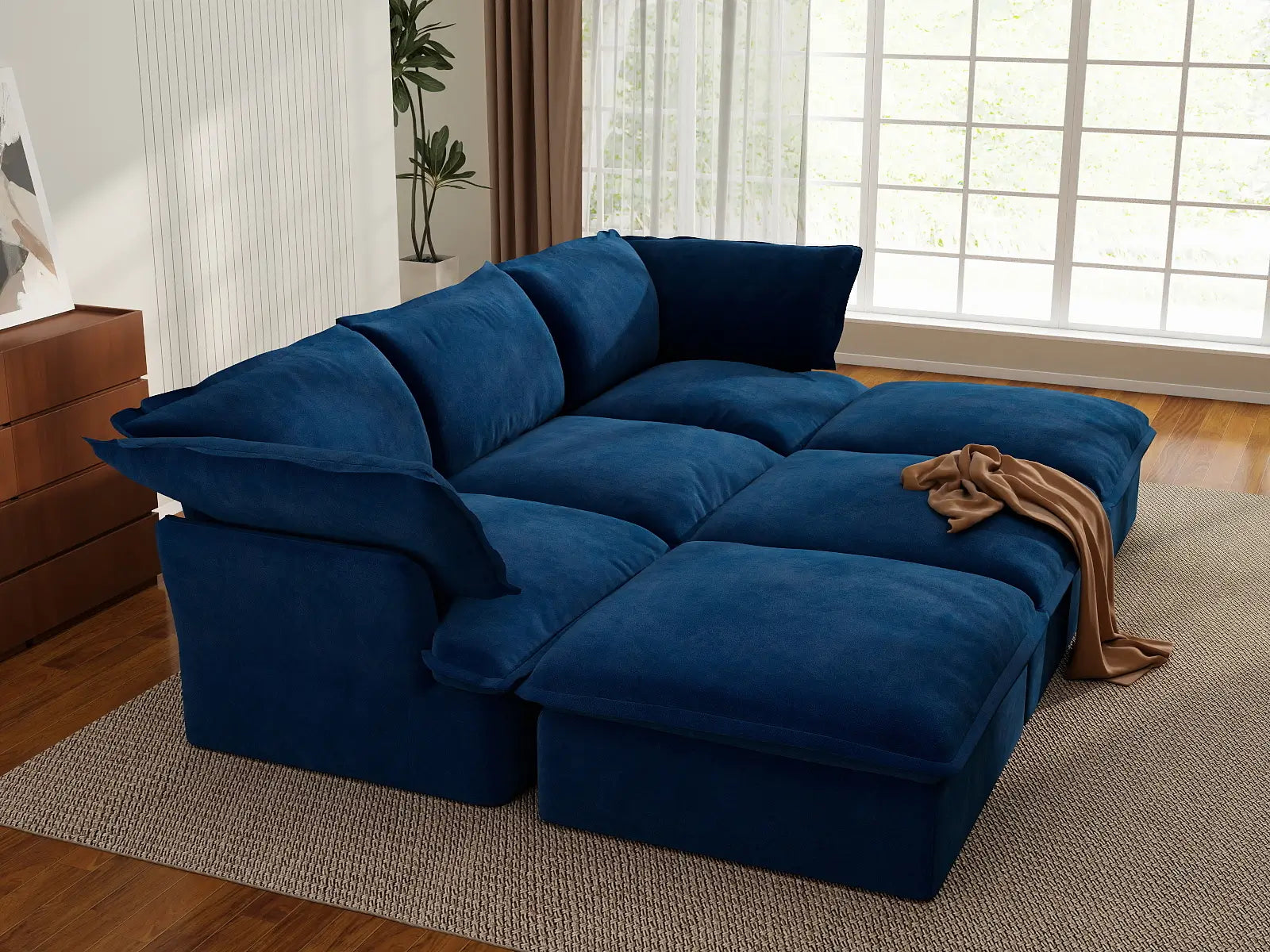 Seccional modular Deluxe Cloud de 3 plazas azul oscuro con pozo | 6 piezas (incluye 3 pufs), tela de terciopelo, puf de almacenamiento