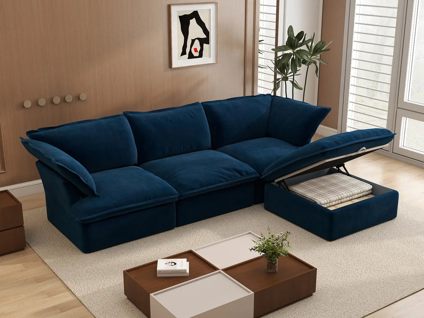 Sofá Seccional Modular Deluxe Cloud Azul Oscuro de 3 plazas | 4 Piezas (incluye 1 otomana), Tela de Terciopelo, Otomana de Almacenamiento