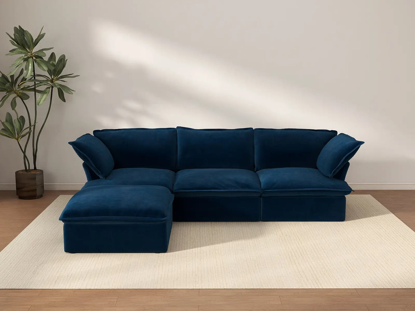 Sofá Seccional Modular Deluxe Cloud Azul Oscuro de 3 plazas | 4 Piezas (incluye 1 otomana), Tela de Terciopelo, Otomana de Almacenamiento