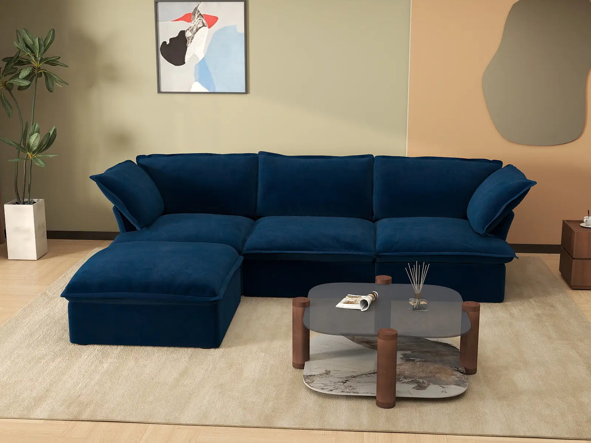 Sofá Seccional Modular Deluxe Cloud Azul Oscuro de 3 plazas | 4 Piezas (incluye 1 otomana), Tela de Terciopelo, Otomana de Almacenamiento