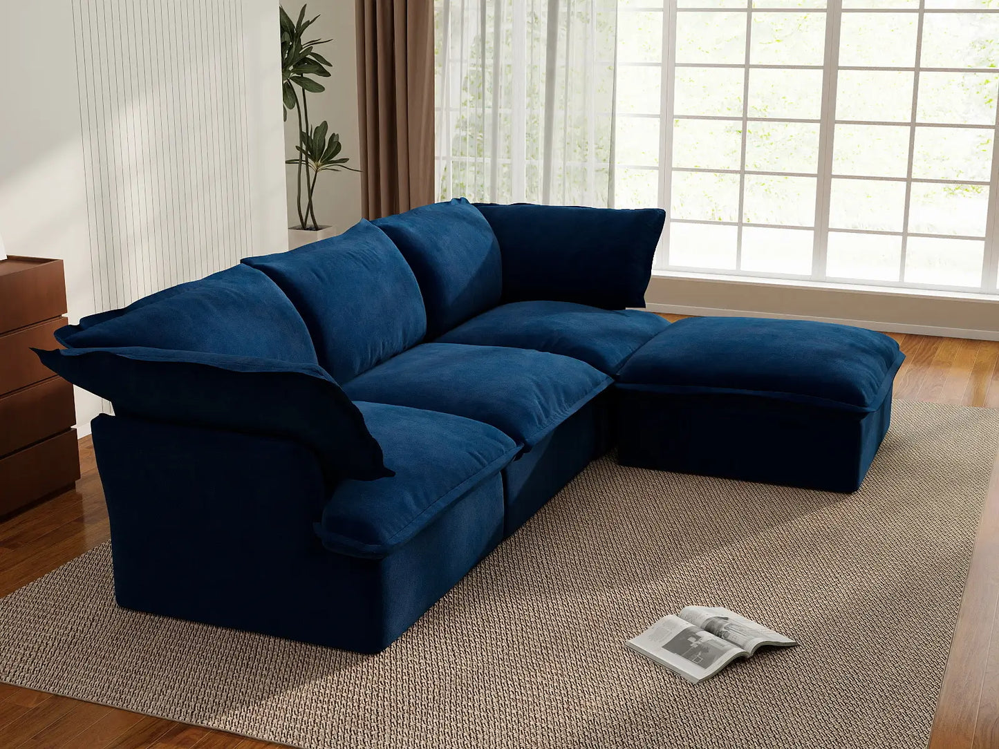 Sofá Seccional Modular Deluxe Cloud Azul Oscuro de 3 plazas | 4 Piezas (incluye 1 otomana), Tela de Terciopelo, Otomana de Almacenamiento