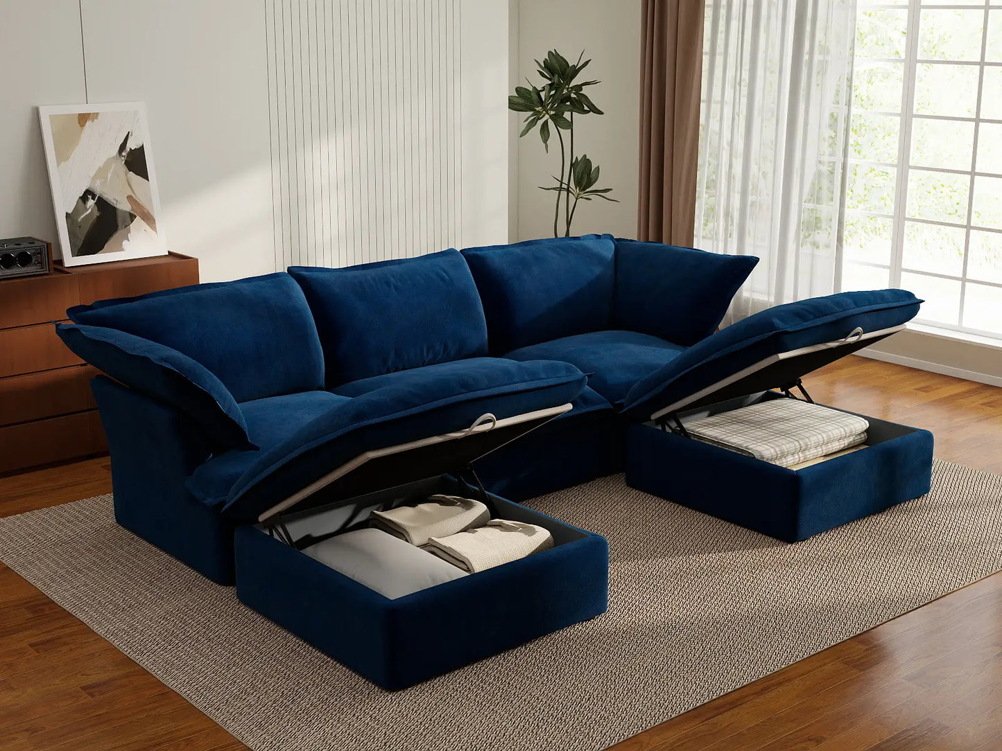 Seccional Modular de Lujo Cloud Azul Oscuro de 3 Asientos | 5 piezas (incluye 2 otomanas), tela de terciopelo, otomana con almacenamiento